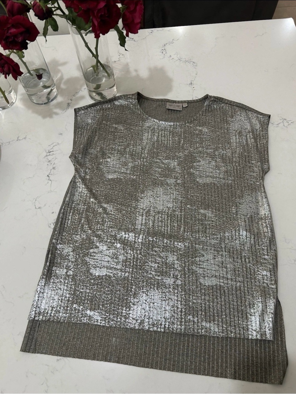 Silver Metallic Foil Ribbed Top Medium Shimmer Party